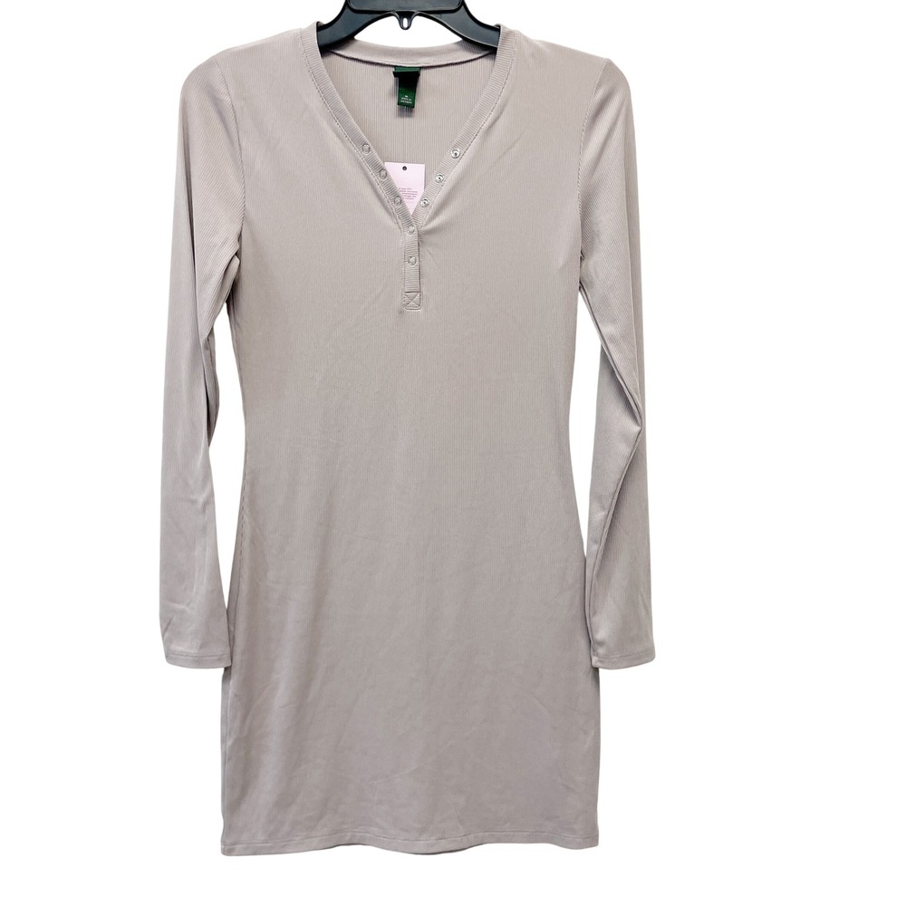 Wild Fable Women's Taupe Ribbed Henley Snap Long Sleeve Mini Dress Size M‎